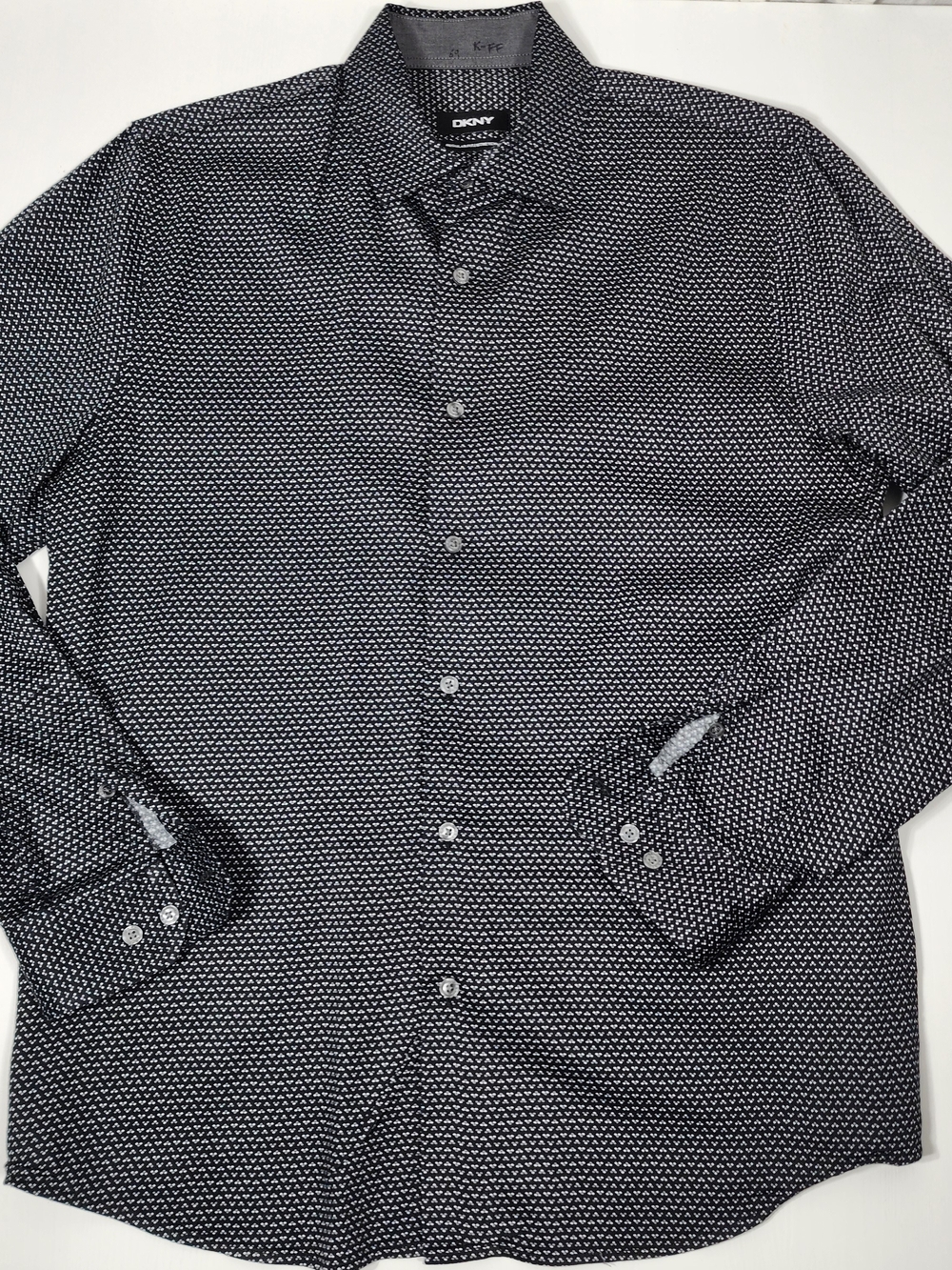 DKNY Black and White Micro Geometric Dress Shirt